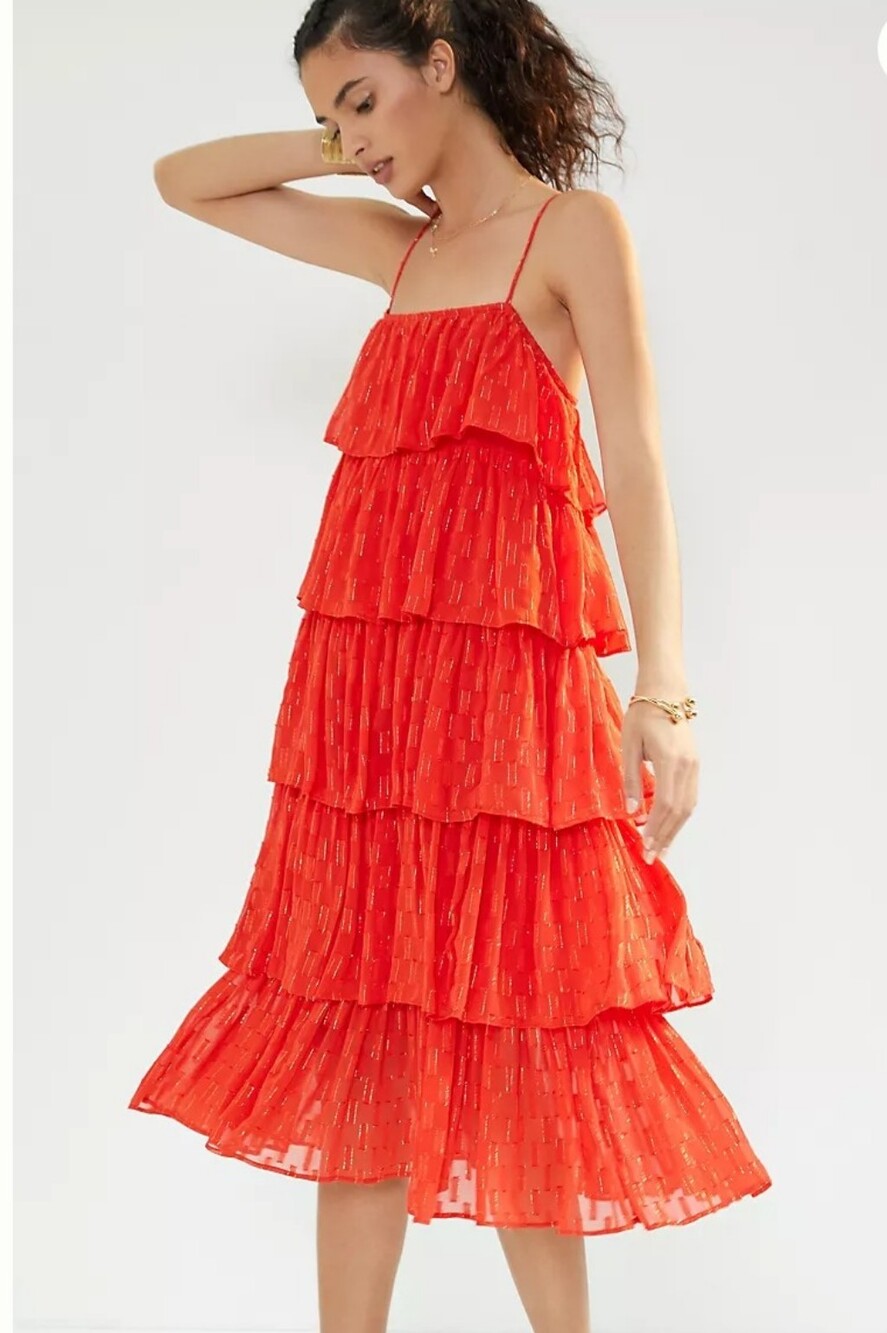 Anthropologie Red Tiered Ruffle Midi Dress with Gold Accents Size Large - Picture 3 of 12